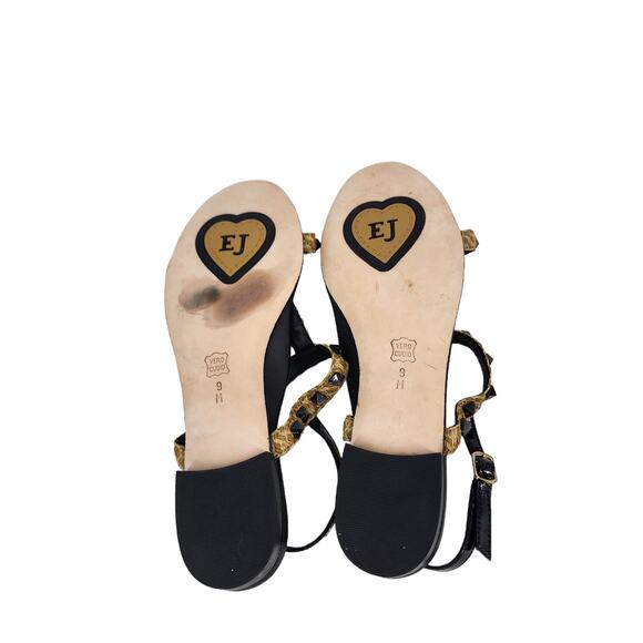 Eric Javits Women's Bien Woven T-Strap Black Rock Studded Sandals Size 9 - Picture 3 of 5